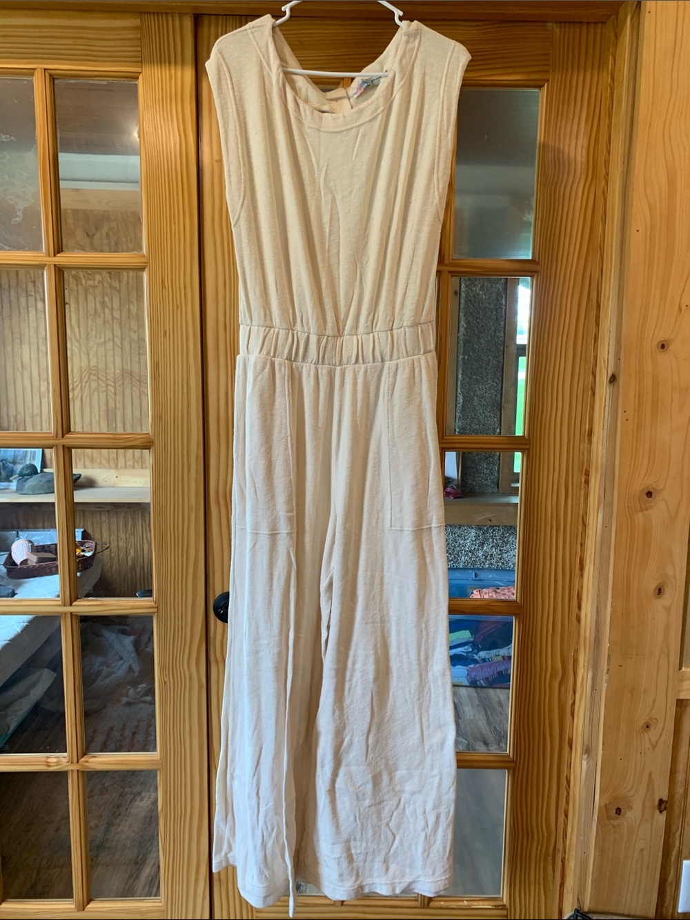 Women's FP Beach Wide Leg Cream Sleeveless Keyhole Back Cotton Jumpsuit M